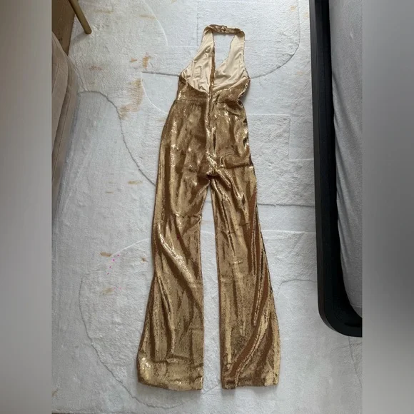 Gold Backless Halter Sequin Jumpsuit, S - Picture 6 of 7